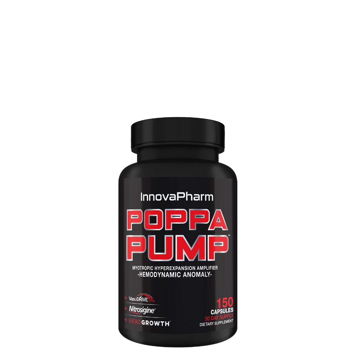 A bottle of InnovaPharm Poppa Pump supplement with red and white label, containing 150 capsules for muscle pump enhancement.