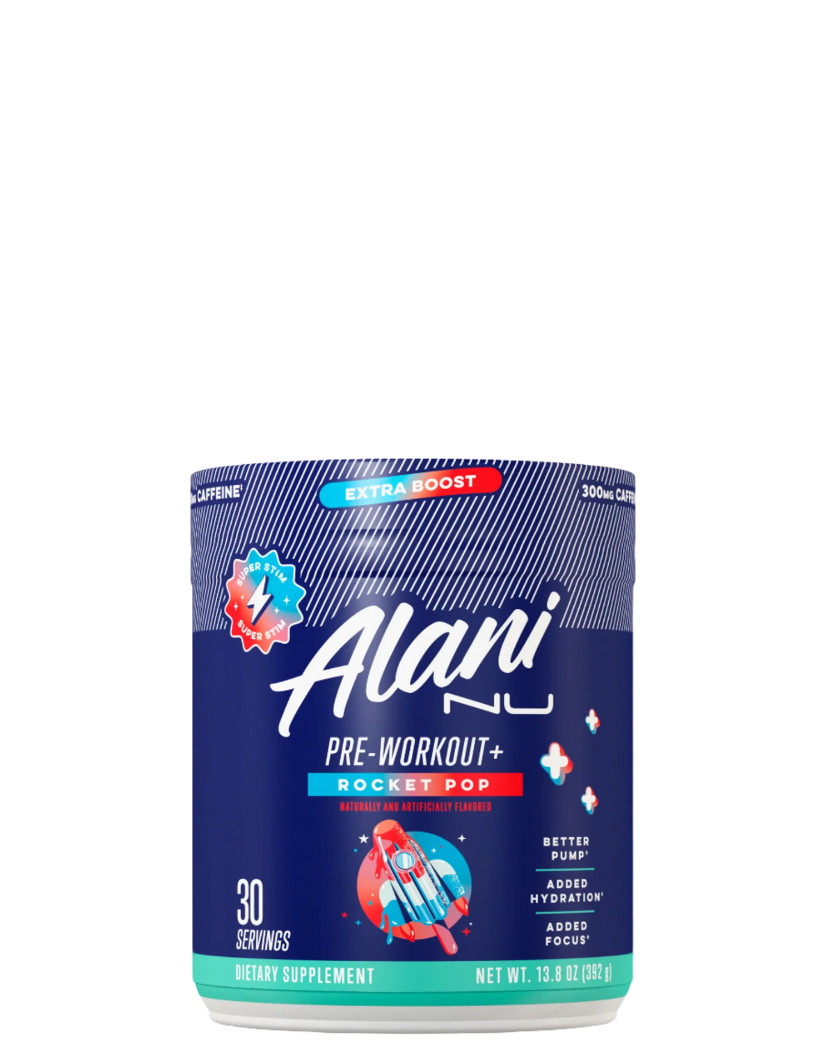 A container of Alani Nu Pre-Workout+ in cherry slug flavor, indicating it is a dietary supplement for energy and performance before workouts.