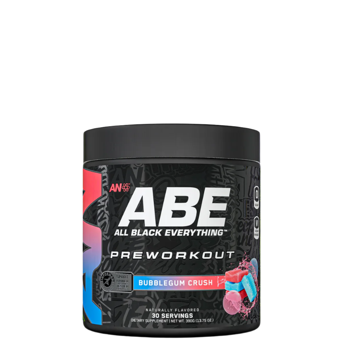 Container of ABE Ultimate Pre-Workout supplement with a graphic of a person working out on the front, and the flavor 'Baddy Berry' indicated.