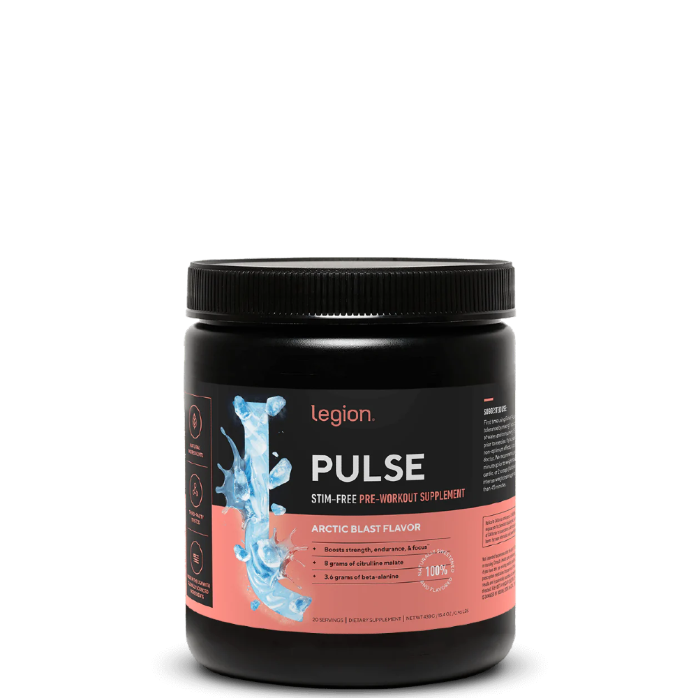 A container of Legion Pulse Stim-Free Pre-Workout Supplement with blue raspberry flavor, showing the brand logo and product information on the label.