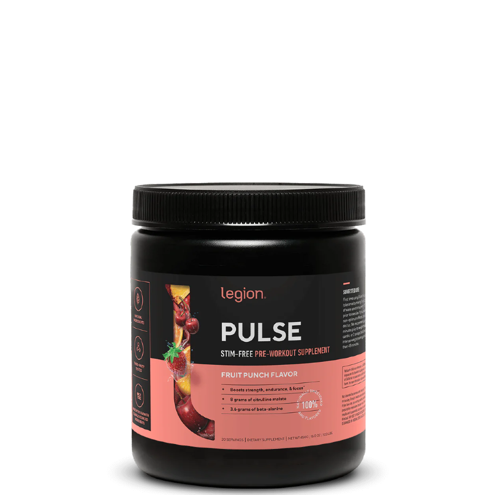 A container of Legion Pulse Stim-Free Pre-Workout Supplement with blue raspberry flavor, showing the brand logo and product information on the label.