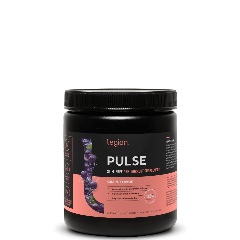 A container of Legion Pulse Stim-Free Pre-Workout Supplement with blue raspberry flavor, showing the brand logo and product information on the label.