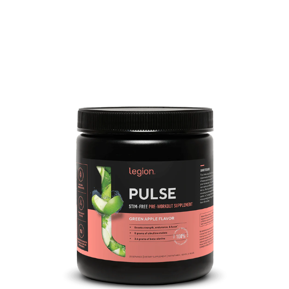 A container of Legion Pulse Stim-Free Pre-Workout Supplement with blue raspberry flavor, showing the brand logo and product information on the label.