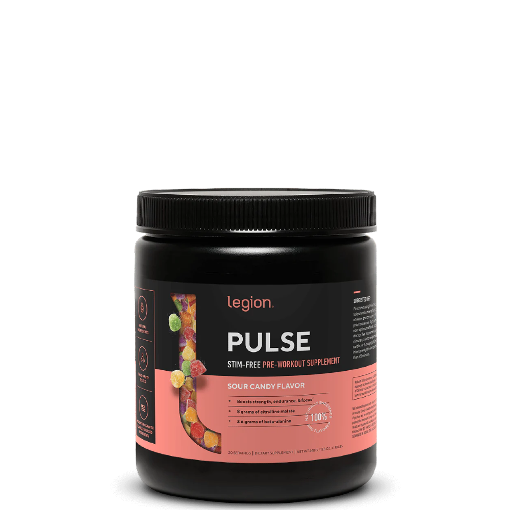 A container of Legion Pulse Stim-Free Pre-Workout Supplement with blue raspberry flavor, showing the brand logo and product information on the label.