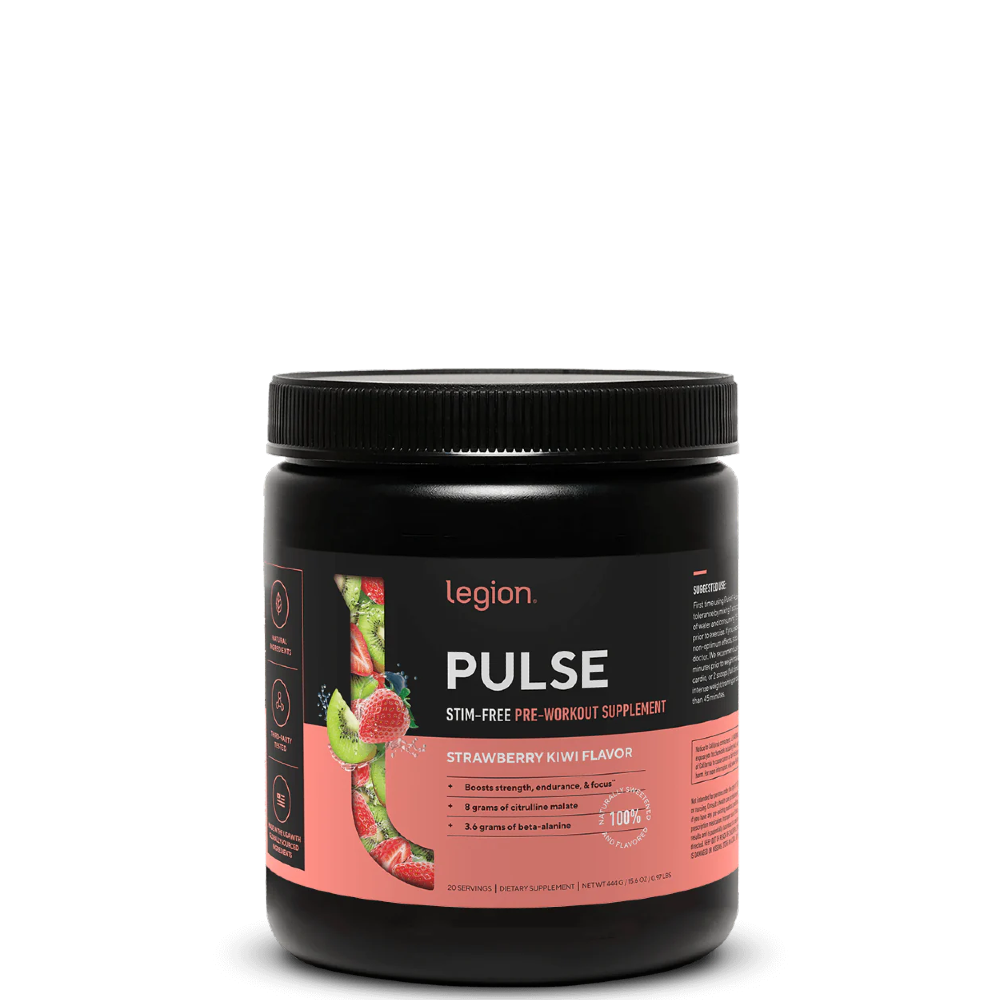 A container of Legion Pulse Stim-Free Pre-Workout Supplement with blue raspberry flavor, showing the brand logo and product information on the label.