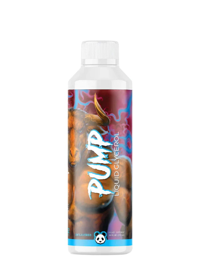 A bottle of PUMP - Liquid Glycerol by PANDA SUPPS with a graphic design featuring a muscle bound individual.