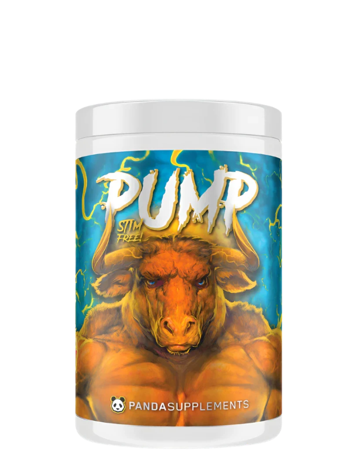 A container of PUMP Stim Free Pre-Workout supplement with a graphic of a bull on the label.