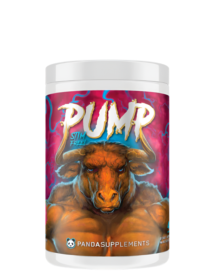 A container of PUMP Stim Free Pre-Workout supplement with a graphic of a bull on the label.