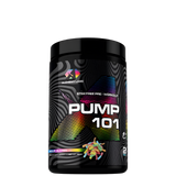 A container of PUMP 101 supplement powder with a colorful, abstract design.