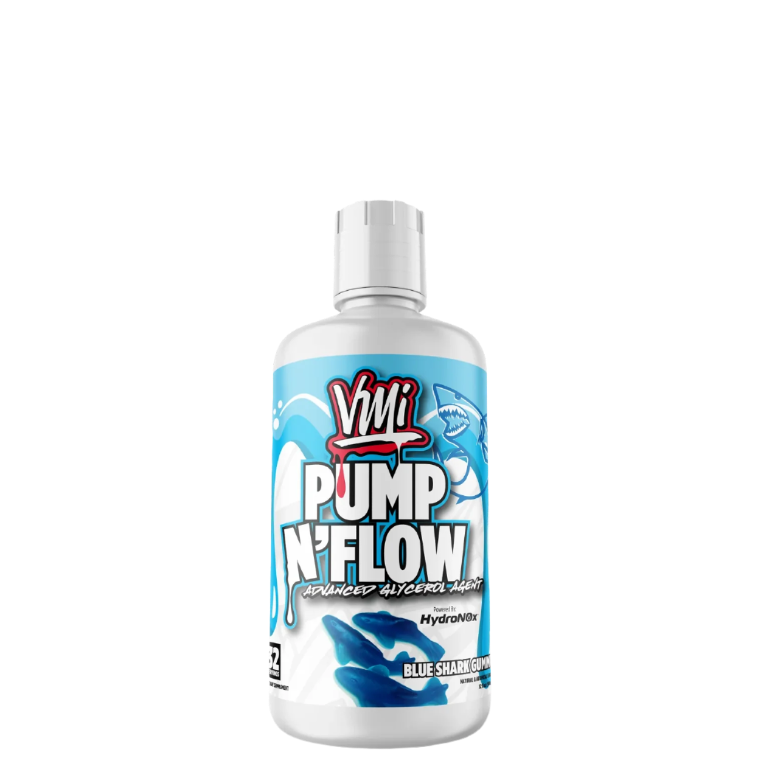 A bottle of VMI Sports Pump N'Flow pre-workout supplement, featuring blue and white packaging with graphics and text indicating the product name and brand.
