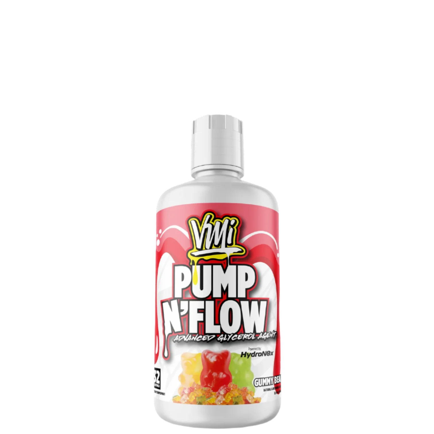 A bottle of VMI Sports Pump N'Flow pre-workout supplement, featuring blue and white packaging with graphics and text indicating the product name and brand.