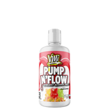 A bottle of VMI Sports Pump N'Flow pre-workout supplement, featuring blue and white packaging with graphics and text indicating the product name and brand.