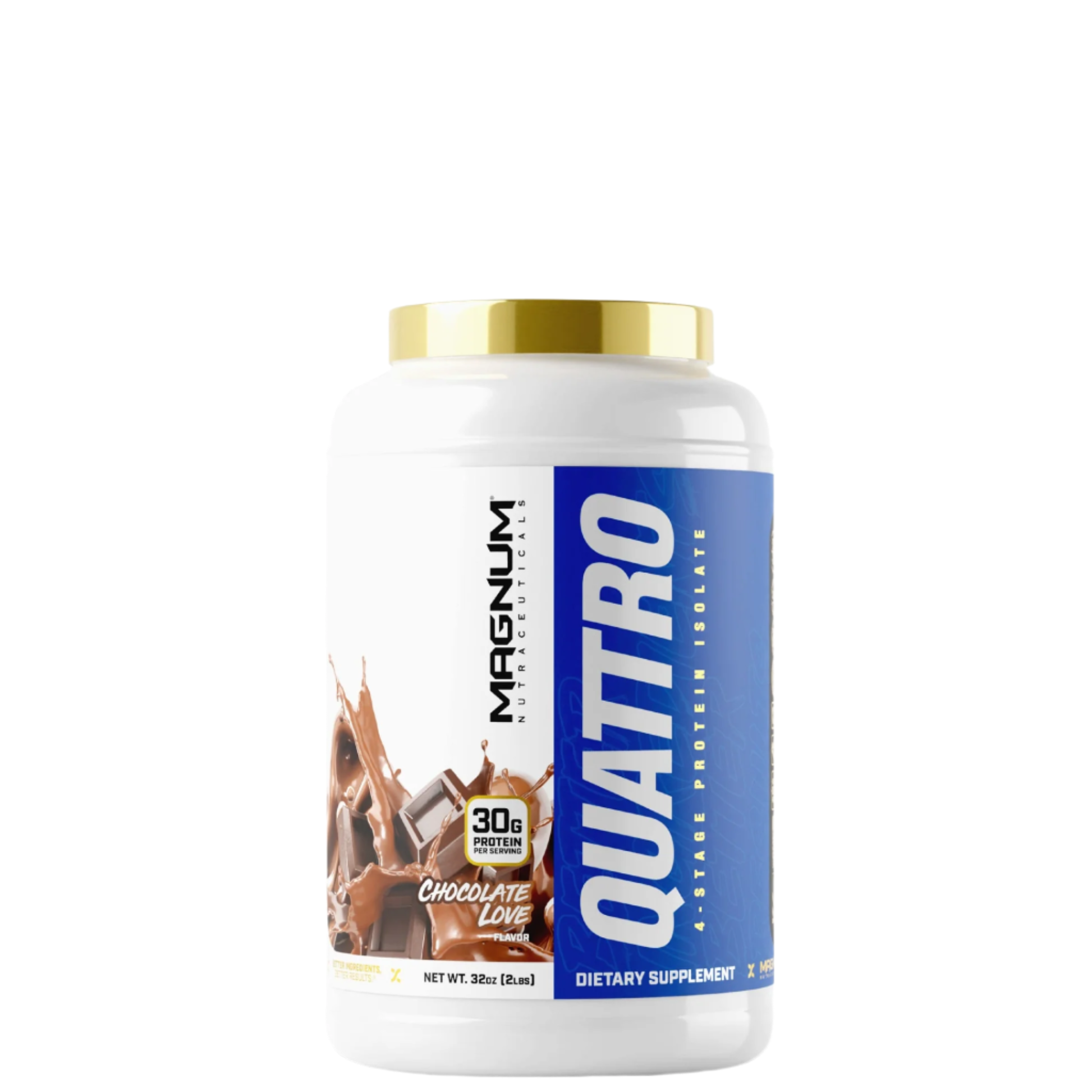A container of Magnum Quattro protein powder with blue and white labeling.
