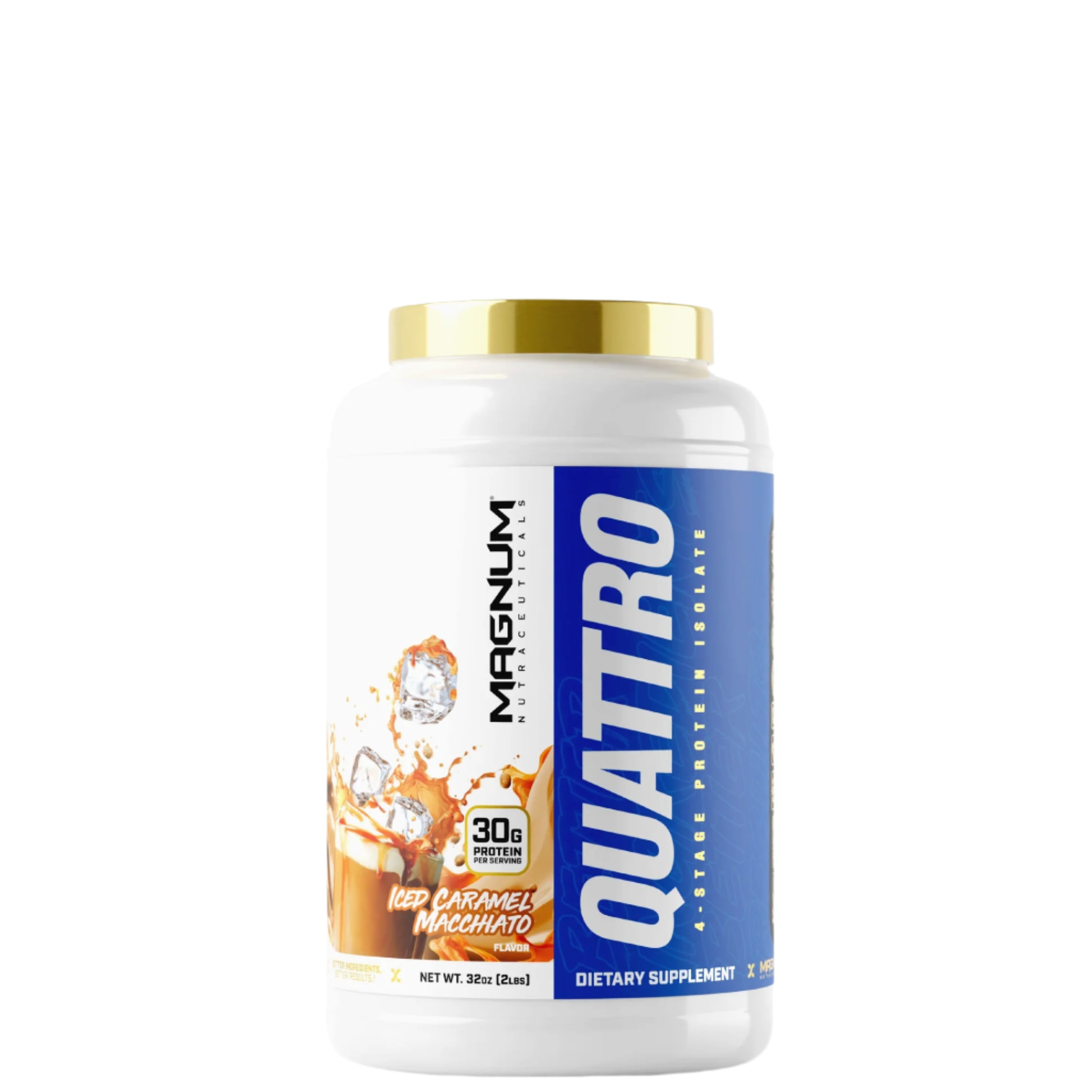 A container of Magnum Quattro protein powder with blue and white labeling.