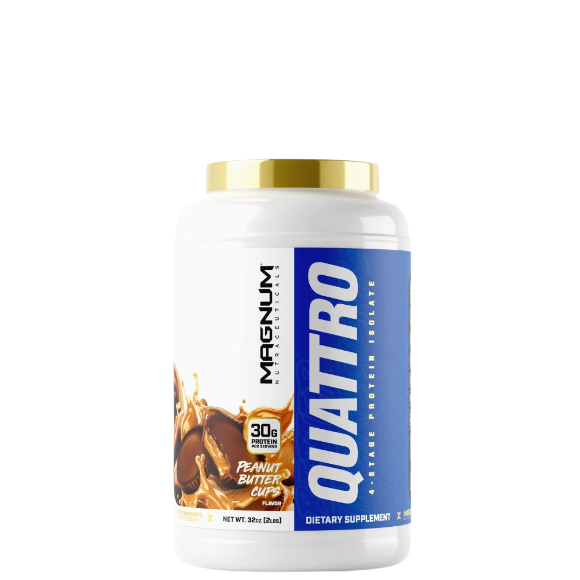 A container of Magnum Quattro protein powder with blue and white labeling.