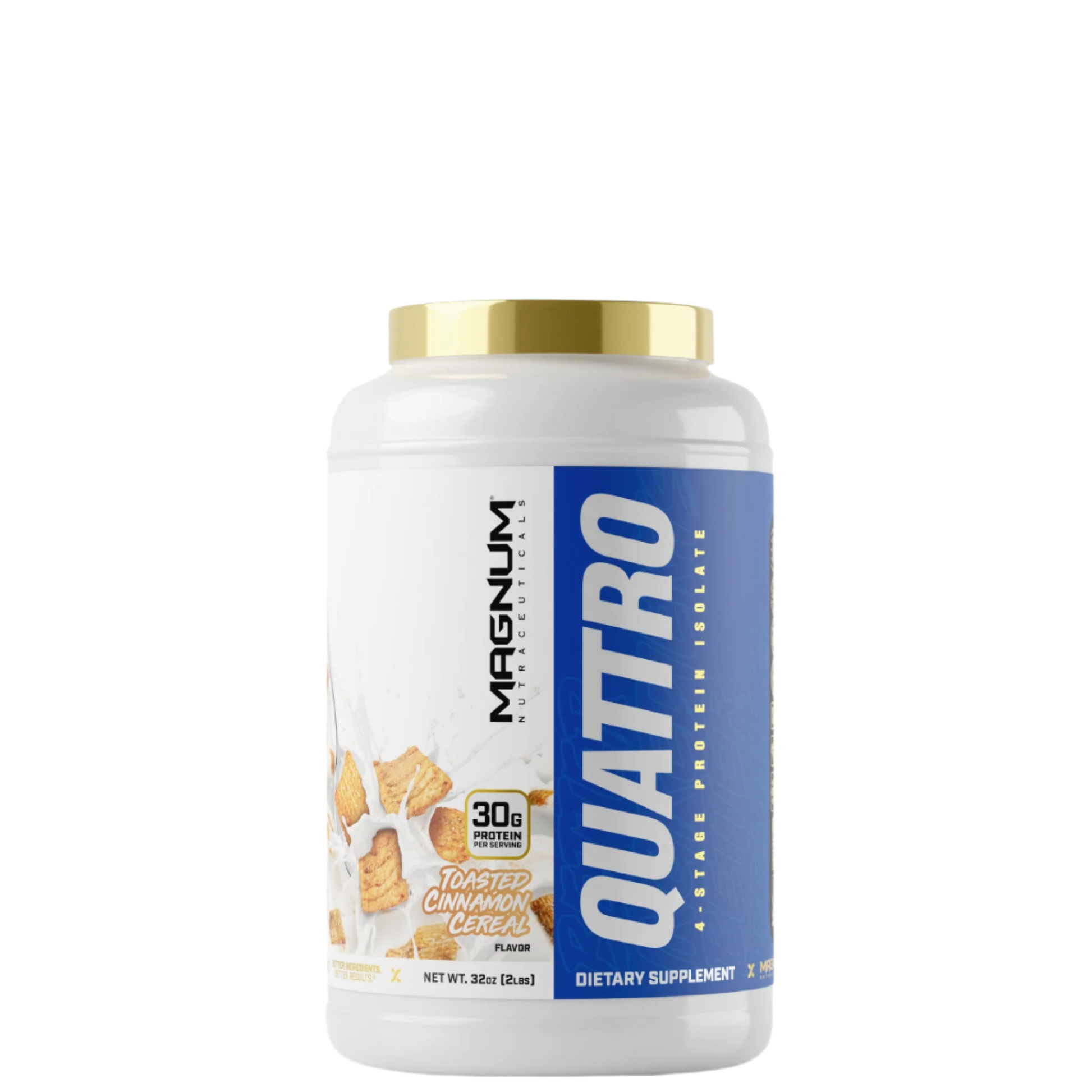 A container of Magnum Quattro protein powder with blue and white labeling.