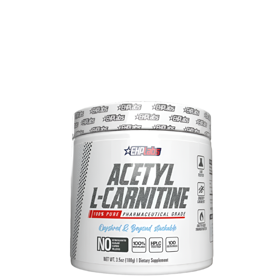 A container of EHPlabs Acetyl L-Carnitine powder, which is a white tub with branding and product information printed on the label.