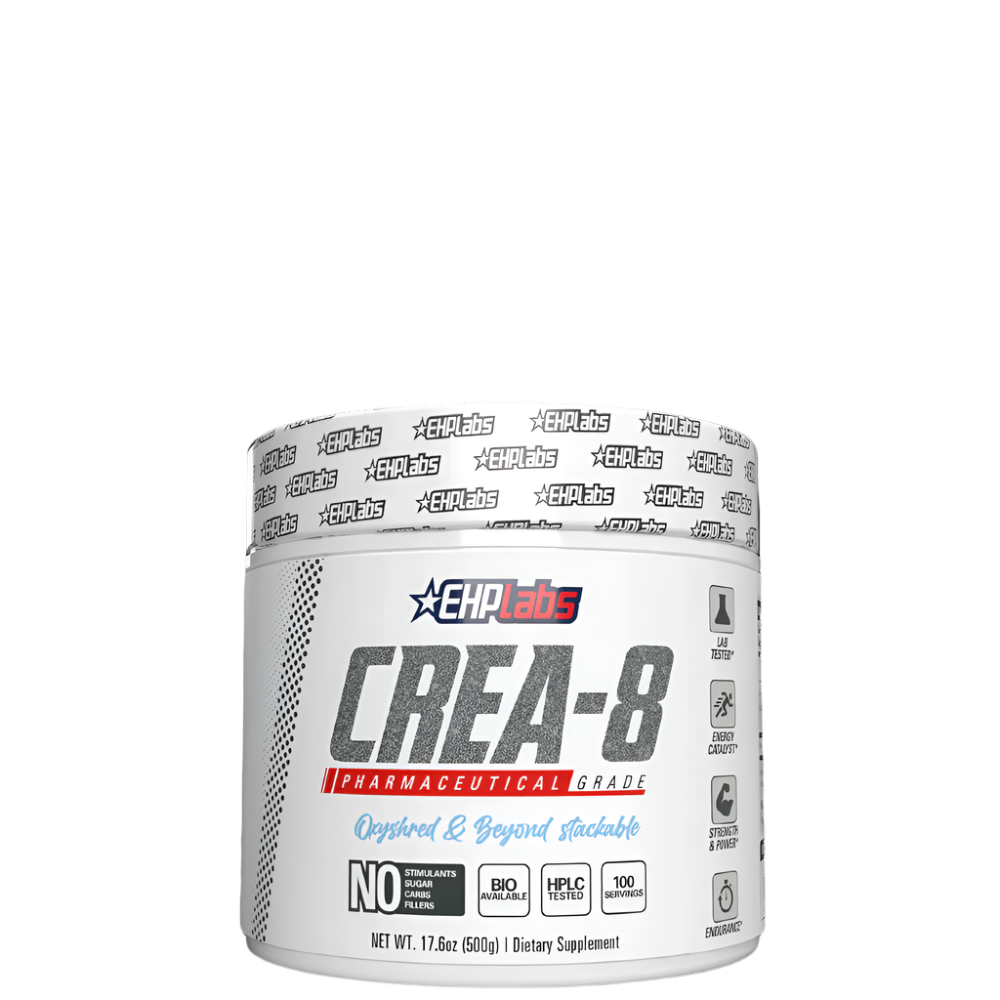 A container of Crea-8 Creatine Monohydrate supplement with a white and red label.