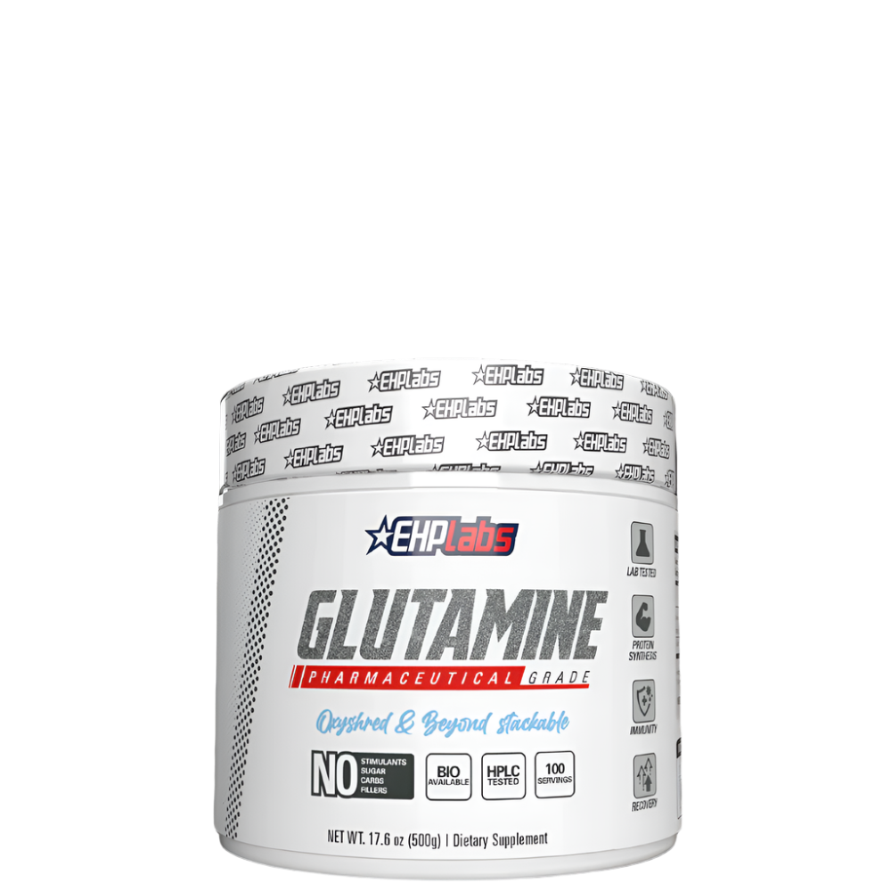 A container of EHP Labs Glutamine, a dietary supplement designed for muscle recovery.