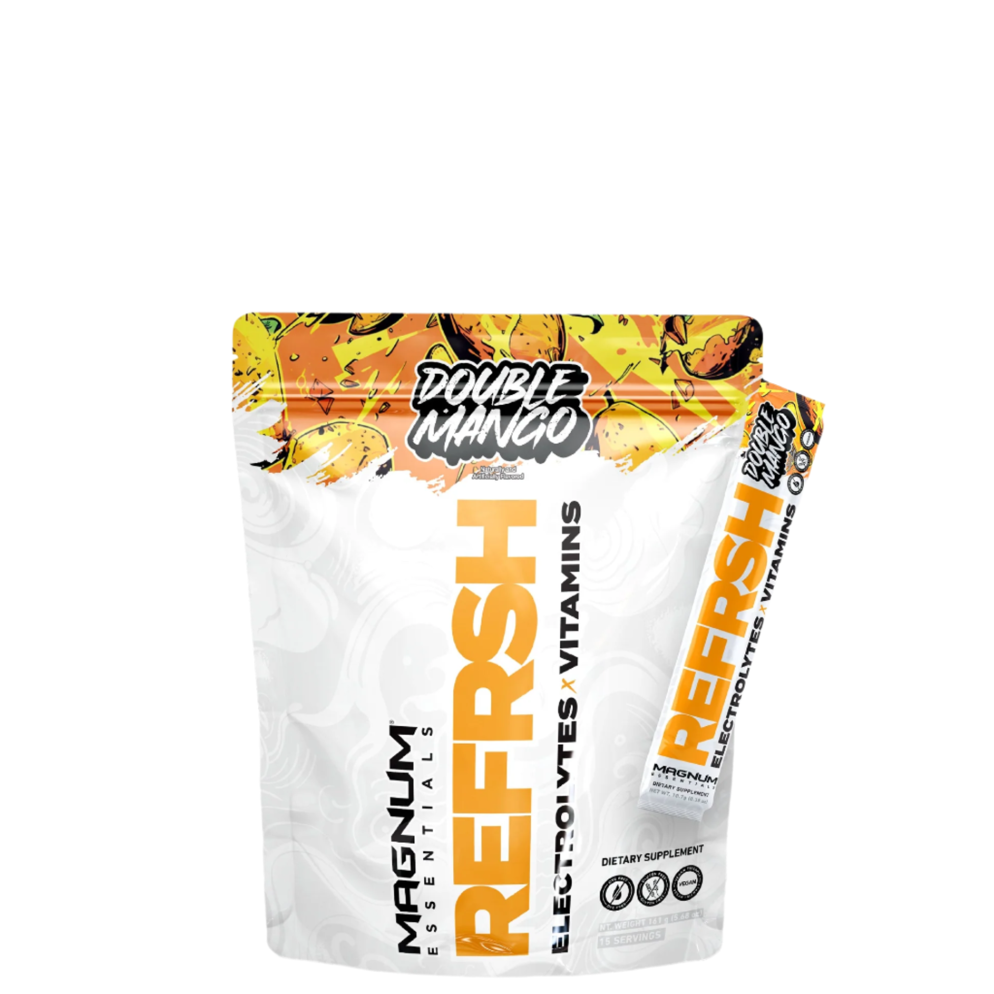 A sealed pouch of Magnum Essentials REFRSH Electrolytes x Vitamins with watermelon flavor, predominantly white with pink and green accents, and text detailing the product's benefits.