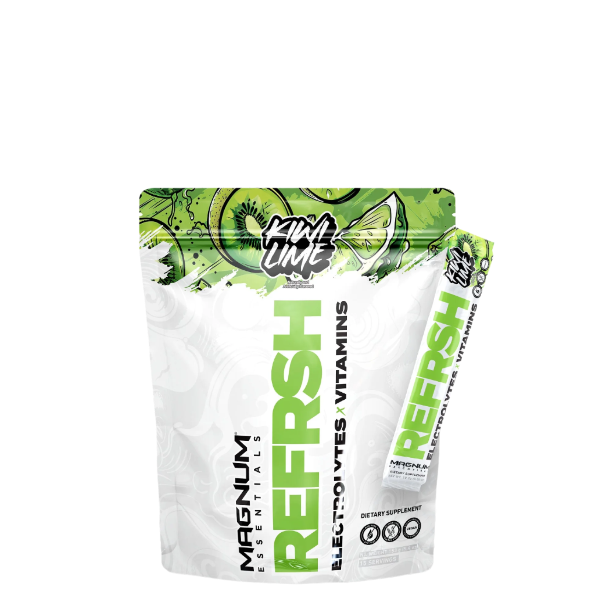A sealed pouch of Magnum Essentials REFRSH Electrolytes x Vitamins with watermelon flavor, predominantly white with pink and green accents, and text detailing the product's benefits.