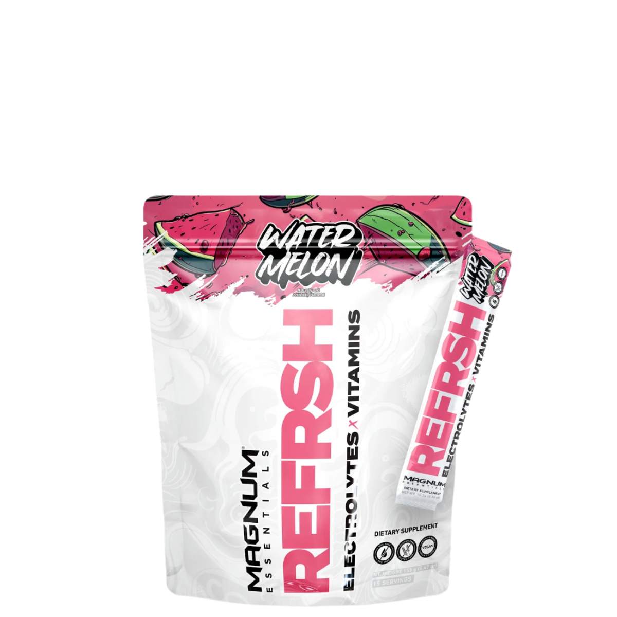 A sealed pouch of Magnum Essentials REFRSH Electrolytes x Vitamins with watermelon flavor, predominantly white with pink and green accents, and text detailing the product's benefits.