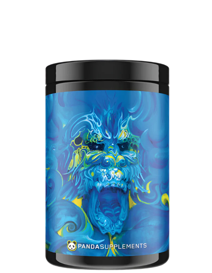 A container of RAMPAGE - EXTREME PRE-WORKOUT supplement with a vibrant blue and green graphic of a stylized character on the label.