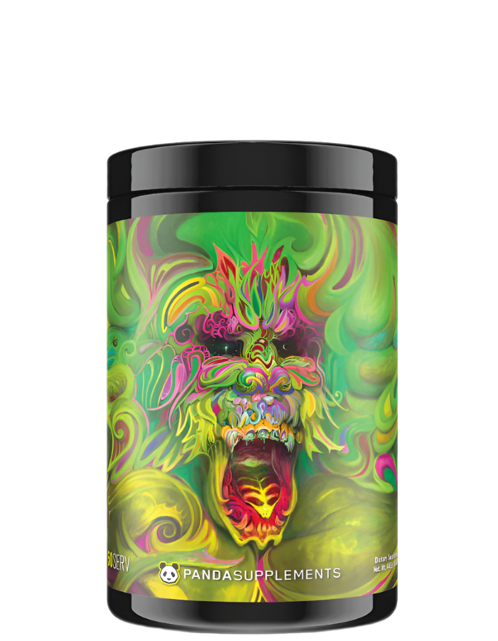 A container of RAMPAGE - EXTREME PRE-WORKOUT supplement with a vibrant blue and green graphic of a stylized character on the label.