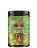 A container of RAMPAGE - EXTREME PRE-WORKOUT supplement with a vibrant blue and green graphic of a stylized character on the label.
