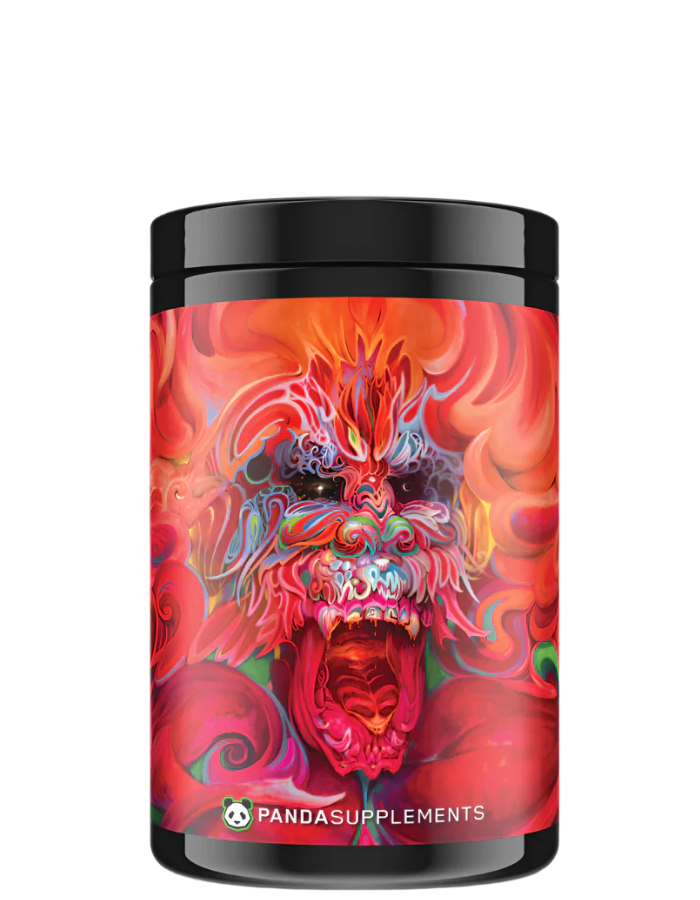 A container of RAMPAGE - EXTREME PRE-WORKOUT supplement with a vibrant blue and green graphic of a stylized character on the label.