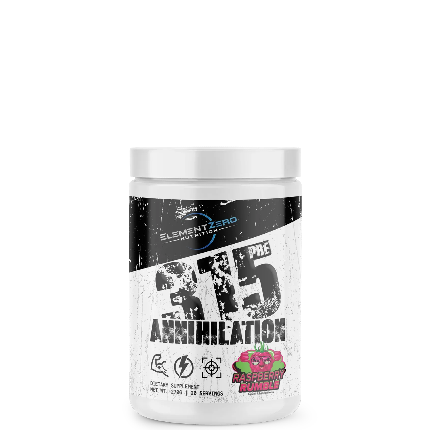 A container of Element Zero 315pre Annihilation, a pre-workout supplement with graphics and text on the label.