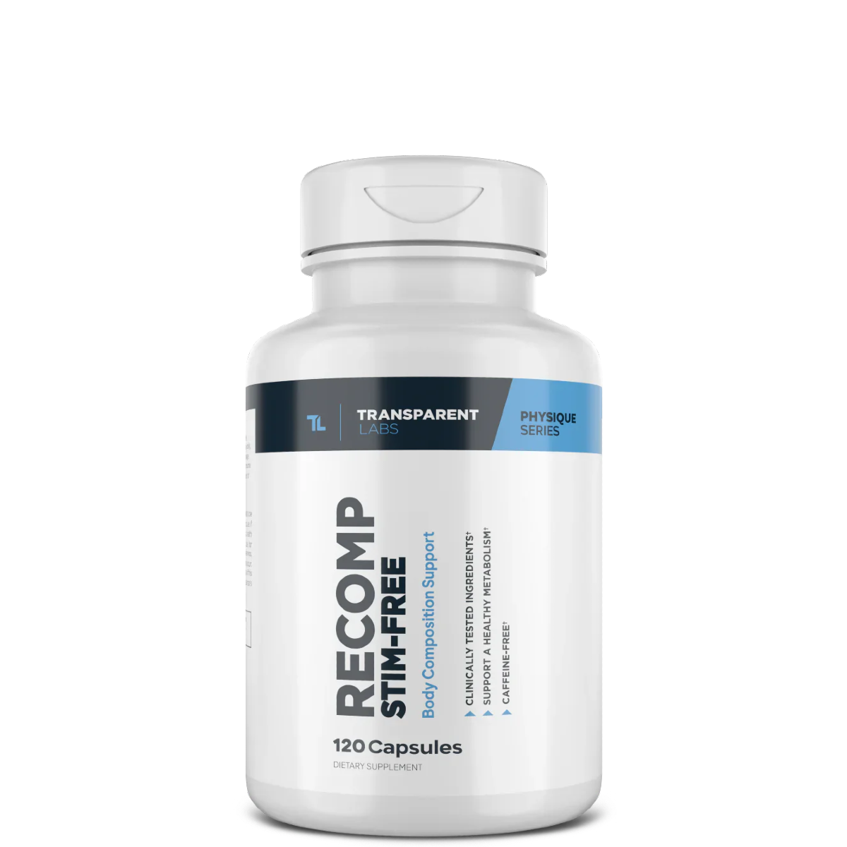 A bottle of Transparent Labs RECOMP Stim-Free supplement with 120 capsules for weight loss support.