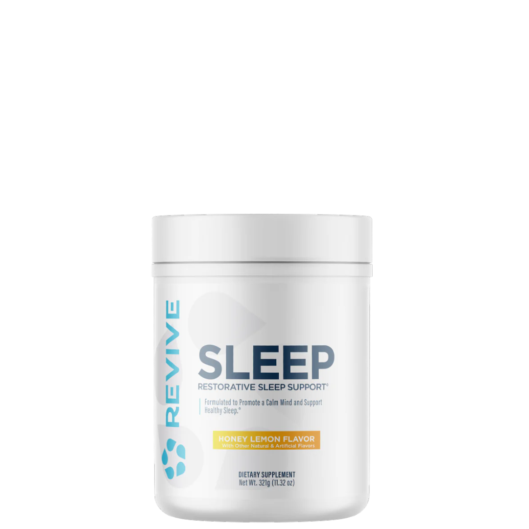 A container of Revive Sleep restorative sleep support supplement in dark chocolate flavor.