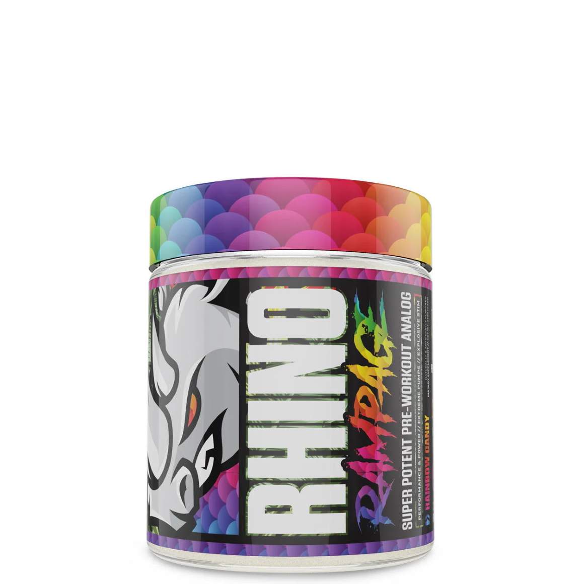 A container of Rhino Rampage pre workout supplement with a graphic of a rhino on the label.