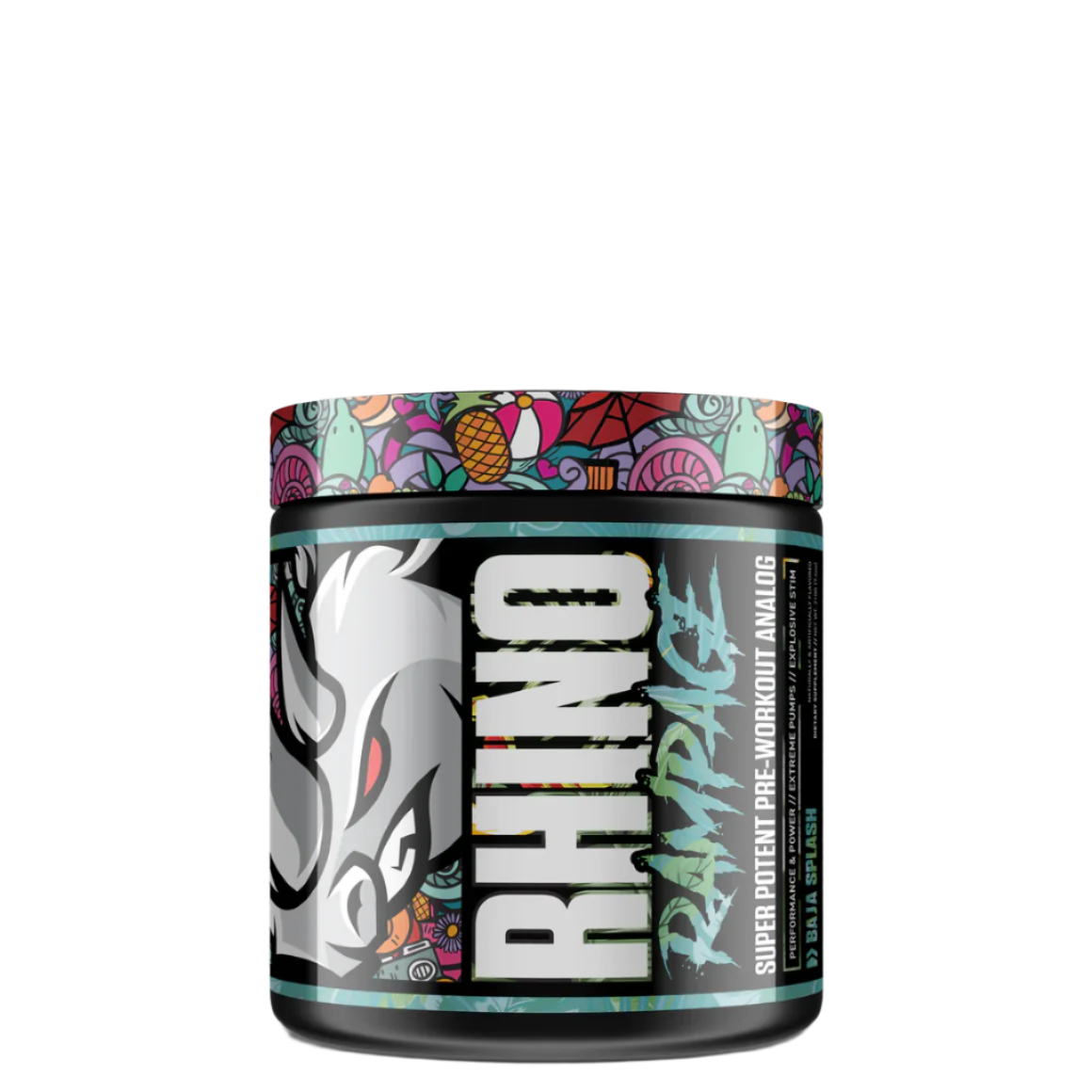 A container of Rhino Rampage pre workout supplement with a graphic of a rhino on the label.