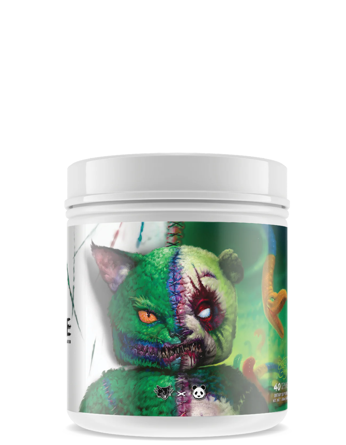 Supplement container with a colorful, zombie-like cat design on a white background