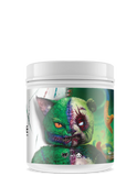 Supplement container with a colorful, zombie-like cat design on a white background