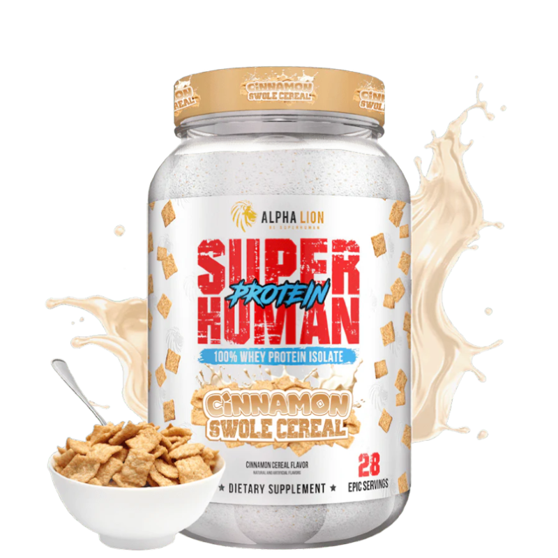 A container of Superhuman Protein powder with various flavors represented visually, such as cookies and cream and caramel, alongside graphical elements like a splash of milk and nuts.