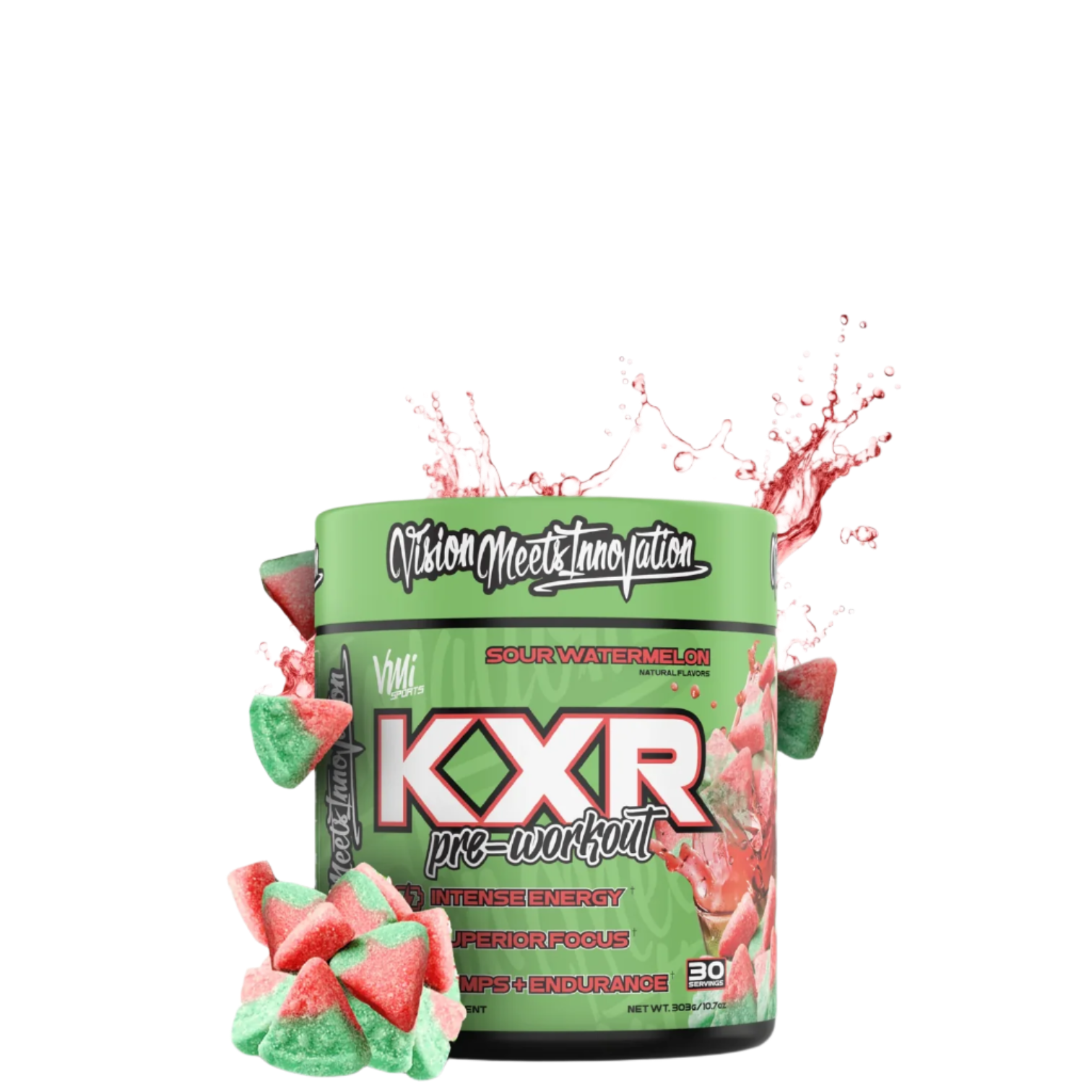 A container of VMI Sports KXR Pre Workout supplement, featuring a tropical design with fruits and a cityscape. The product is black with colorful accents and includes an image of a pineapple, strawberry, and coconut.