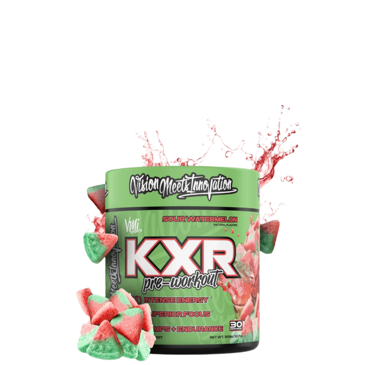 A container of VMI Sports KXR Pre Workout supplement, featuring a tropical design with fruits and a cityscape. The product is black with colorful accents and includes an image of a pineapple, strawberry, and coconut.