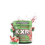 A container of VMI Sports KXR Pre Workout supplement, featuring a tropical design with fruits and a cityscape. The product is black with colorful accents and includes an image of a pineapple, strawberry, and coconut.