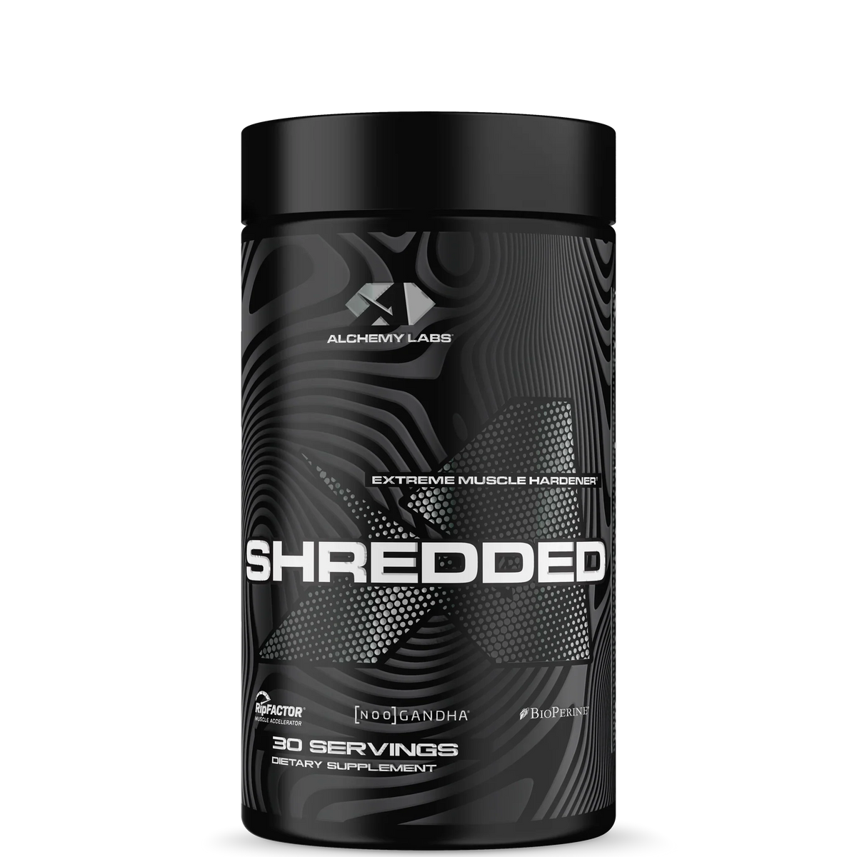 A container of Alchemy Labs Shredded dietary supplement, with a black and white design featuring the brand logo and product name.