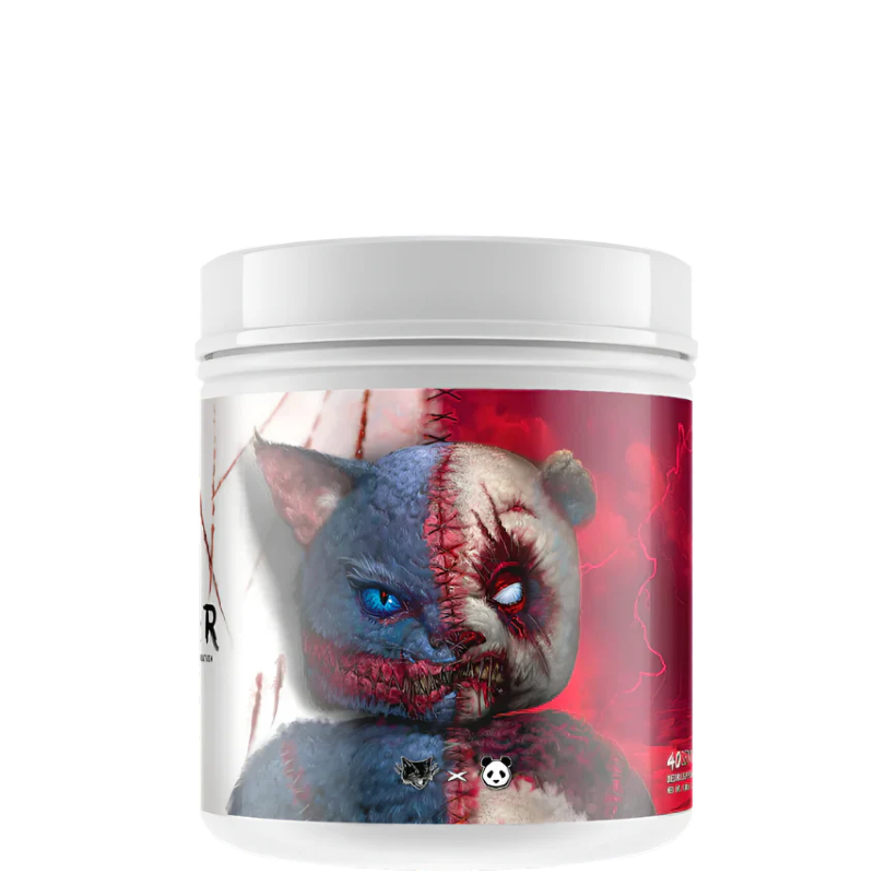 A container of SINISTER Blue Shark Gummy pre-workout supplement with a graphic of a split personality character design.