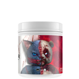 A container of SINISTER Blue Shark Gummy pre-workout supplement with a graphic of a split personality character design.