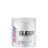 A container of Raw Sleep Formula Powder with branding and product name visible.