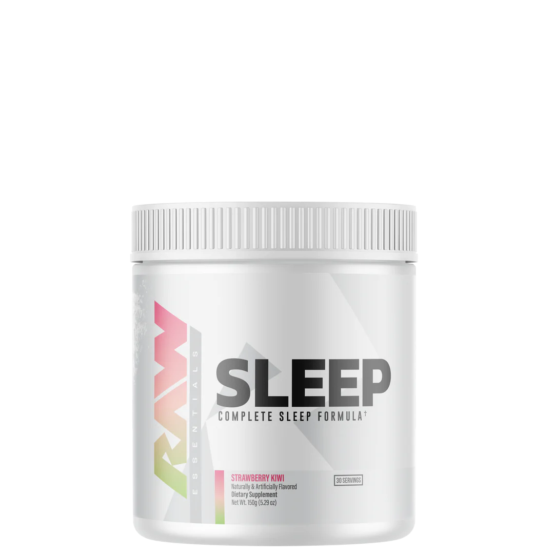 A container of Raw Sleep Formula Powder with branding and product name visible.