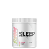 A container of Raw Sleep Formula Powder with branding and product name visible.