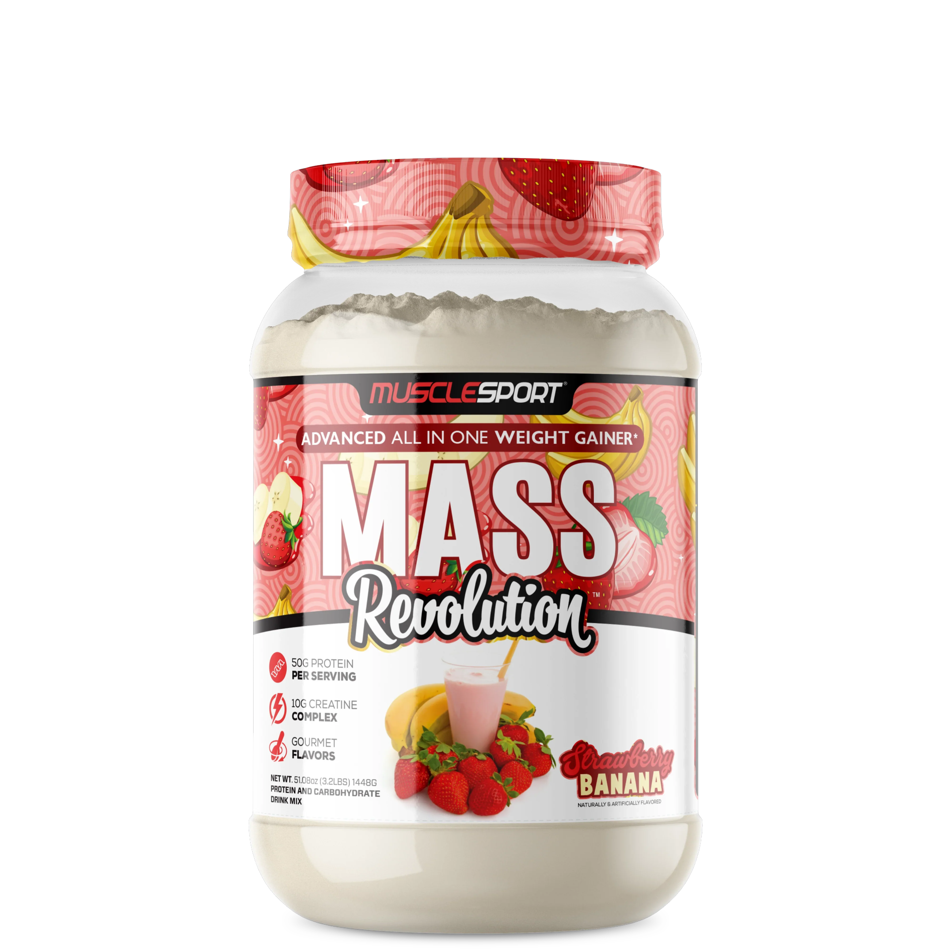 A container of MuscleSport Mass Revolution weight gainer in strawberry banana flavor.