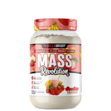 A container of MuscleSport Mass Revolution weight gainer in strawberry banana flavor.