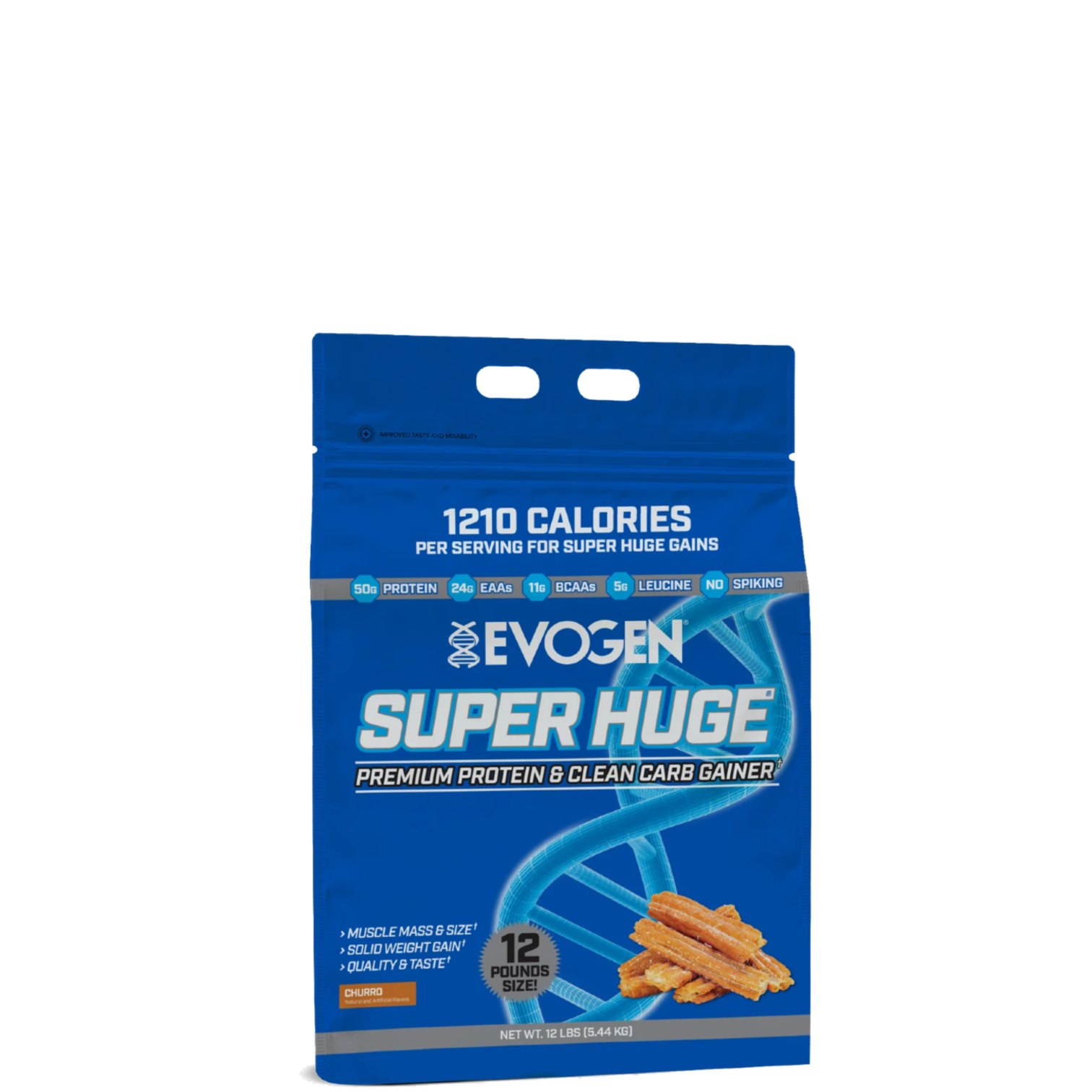 A package of Evogen Super Huge Mass Gainer, predominantly blue in color with an image of the product and text detailing the product's features.